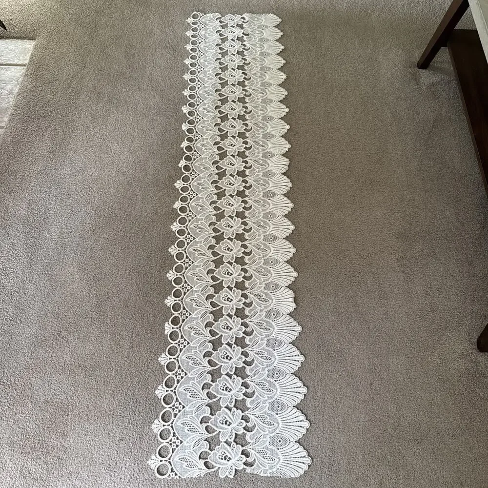 Ivory Guipure Lace Table Runner Floral Scalloped 64” x 15” Dresser Boho Vtg